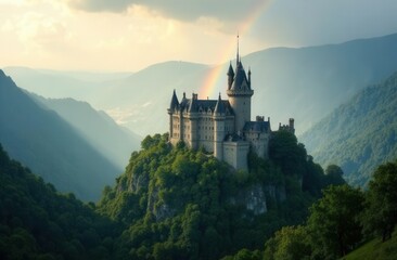 Majestic castle on hill under a vibrant rainbow with mountainous background
