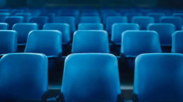 Empty rows of blue stadium seats arranged in a pattern