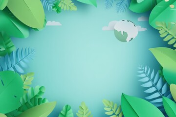 Fototapeta premium Greenery Background with Paper Leaves and Earth in the Center for Eco-Friendly Design
