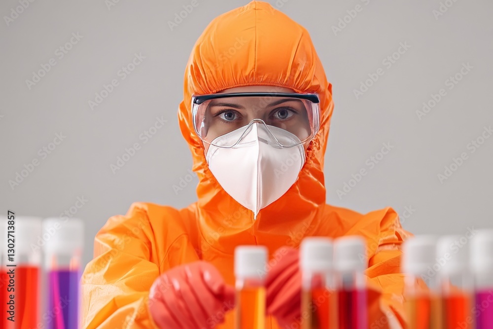 Poster scientist in orange hazmat suit holding test tubes filled with red liquid in high tech laboratory se