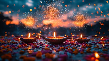 Celebrating diwali with diyas and fireworks india festival evening festive spirit