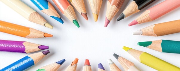 Holistic wellness mindfulness approach concept. Colorful arrangement of sharpened pencils forming a circular pattern on a white background.