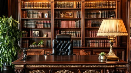 the interior of an old-style law office, featuring rich mahogany furniture and bookshelves filled with leather-bound books