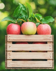 Fresh Red Apples in Wooden Crate with Green Leaves on Natural Background