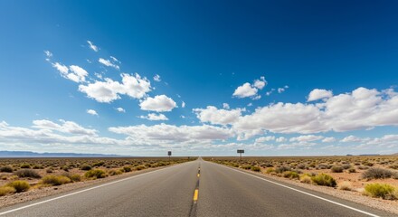 Scenic desert highway under a blue sky with fluffy clouds offers open road feeling