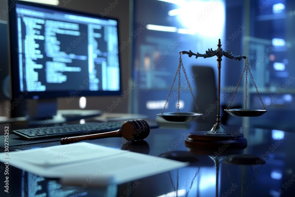 Poster scale and gavel on the desk of an office, representing law and justice. the background is blurred wi