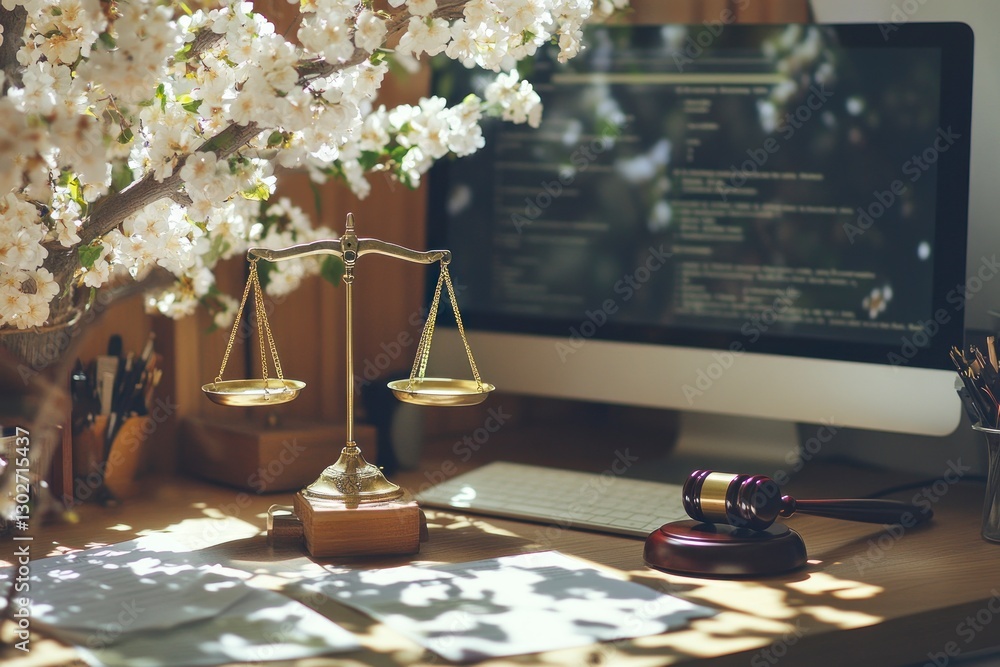 Poster scale and gavel on the desk of an office, representing law and justice. the background is blurred wi