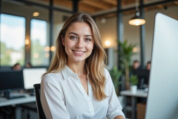 Fototapeta premium Confident Young Caucasian Woman Smiling at Desk in Modern Office Environment with Computer and Colleagues in the Background