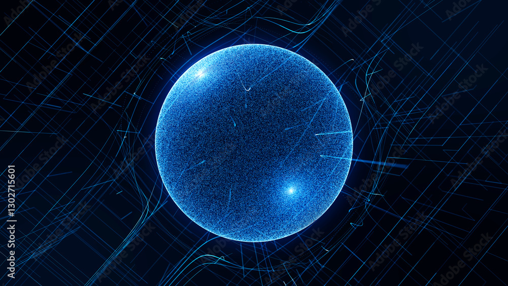 Poster Sci-fi sphere with particles and lines. Concept network connection. Frame sphere. Abstract technology background. 3d rendering.