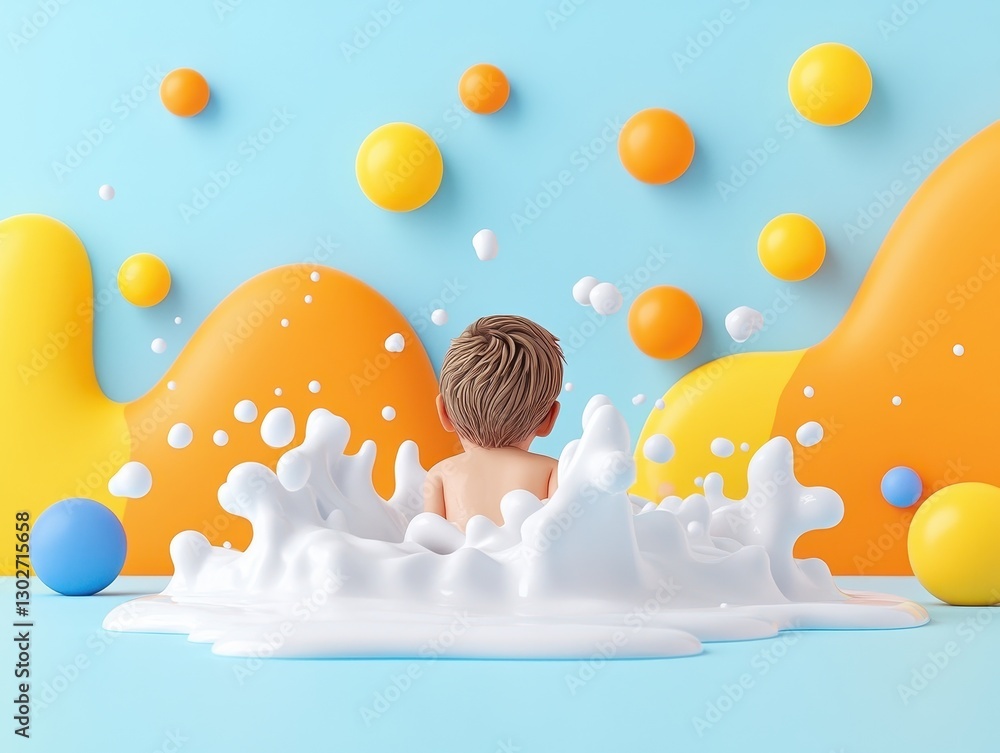 Poster child playing joyfully in a colorful splash of foam against a vibrant backdrop