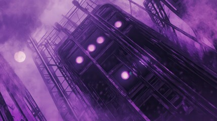Fototapeta premium Mystical Purple Industrial Scene with Fog and Moonlight Glow