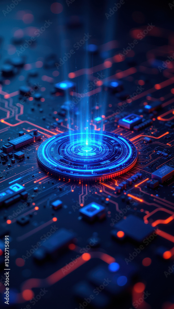 Poster high-tech illustration of a complex system with intricate electronic pathways, featuring a central b