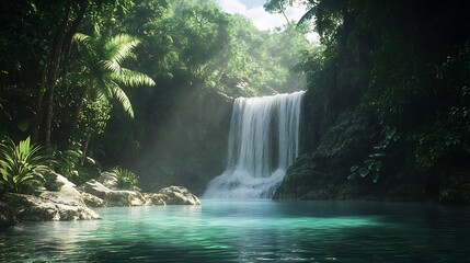 Fototapeta premium Lush Tropical Waterfall Cascading into Serene Pool