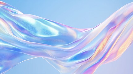 Iridescent, holographic fabric flows ethereally in the wind against a light blue sky, shimmering with subtle glitter and conveying tranquility