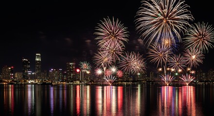 Spectacular Firework Display Illuminates the Night Sky Over Urban Skyline