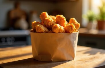 Golden crispy fried chicken in a paper bucket on a sunlit wooden table