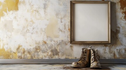 An empty, square, oak frame hangs on a Provence country house wall above muddy boots, in cinematic light, suitable for a home decor magazine cover