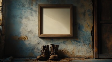 An empty, square, oak frame hangs on a Provence country house wall above muddy boots, in cinematic light, suitable for a home decor magazine cover