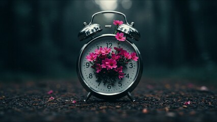 Fototapeta premium Vintage alarm clock with blooming flowers