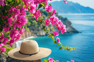 Summer Scene with Pink Bougainvillea Overlooking Coastal Italian Landscape