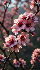 Obraz premium Japanese Fuji Sakura blossoms in soft sunlight create serene atmosphere. Concept explores beauty of cherry blossoms, showcasing Japanese Fuji Sakura in vivid detail