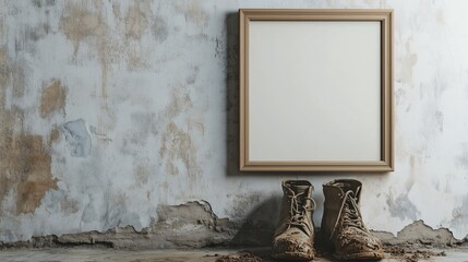 An empty, square, oak frame hangs on a Provence country house wall above muddy boots, in cinematic light, suitable for a home decor magazine cover
