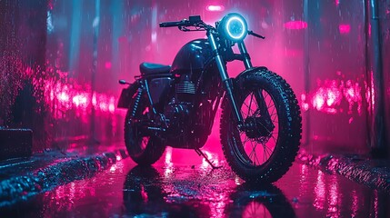 Motorcycle ride in neon rain urban alley night scene futuristic vibes