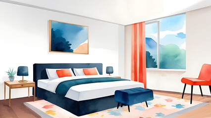 Bedroom Interior with Bed Painting and View Watercolor Style Illustration