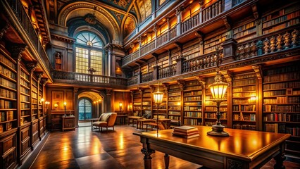 Naklejka premium Night Photography: Illuminated Books & Library, Symbol of Knowledge & Education