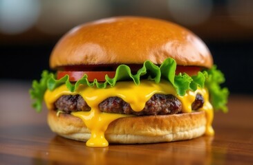 Juicy cheeseburger with lettuce, tomato, and melted cheese on a wooden table