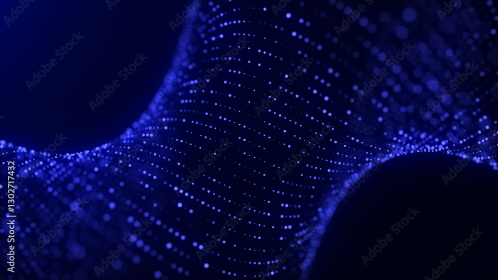 Poster Digital technology wave. Dark cyberspace with motion dots. Futuristic digital background. Abstract music background. Big data visualisation with particle flow. 3d rendering.