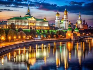 Naklejka premium Night Photography: Moscow Kremlin & Moskva River, Russia - Stunning Cityscape