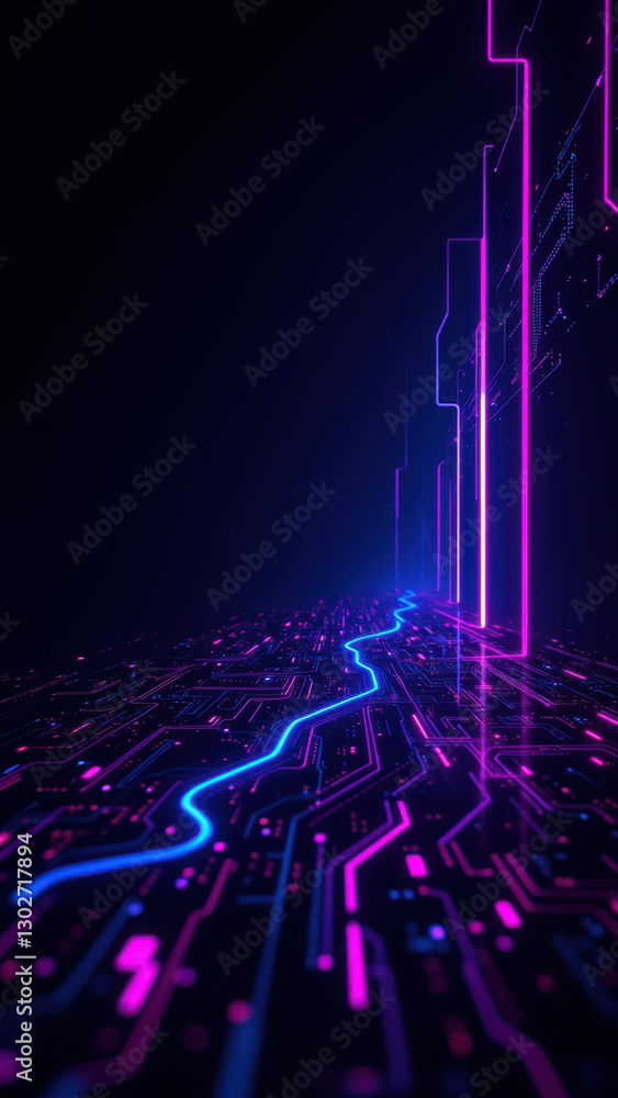 Aufkleber this image depicts a futuristic digital landscape with vibrant neon grids and lines, reminiscent of 