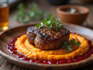 Lamb with Sweet Potato Mash and Cranberry Sauce, presented on a homemade wooden plate against a blurred dining table setting.