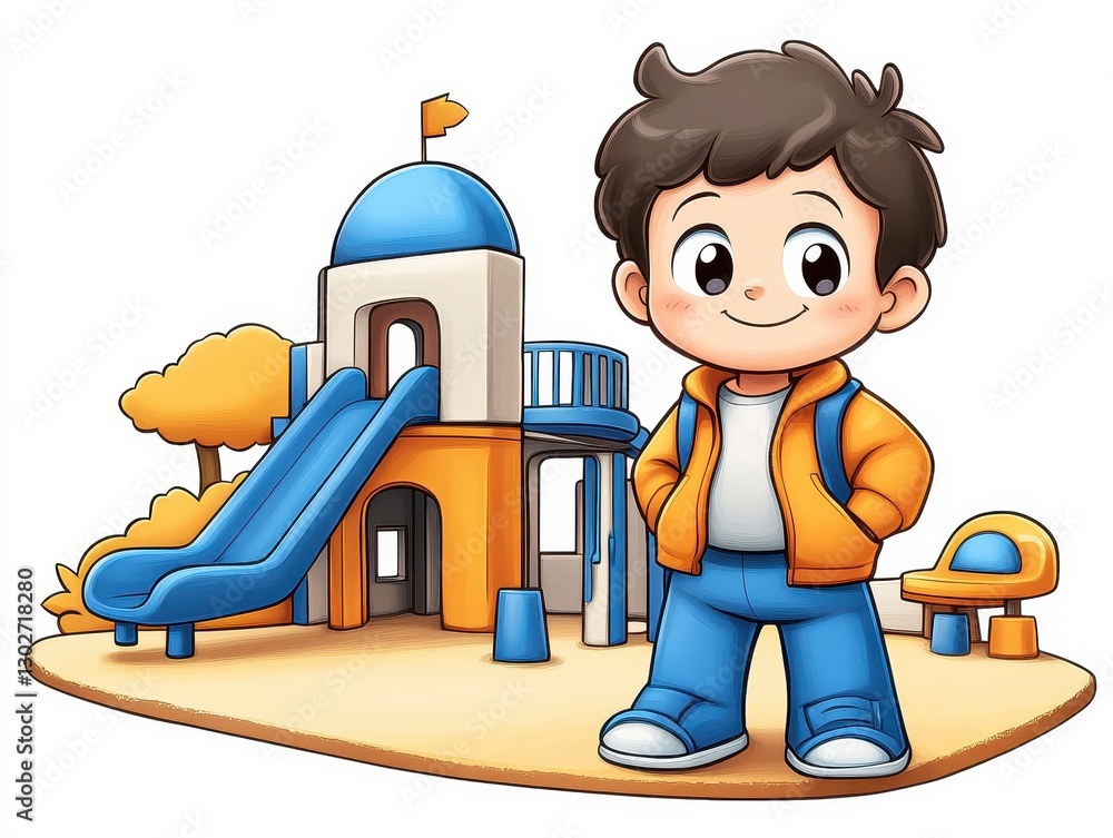 Poster young boy smiling in a colorful playground with slides and trees