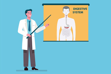 Doctor explaining digestive system using projector screen during medical lecture or presentation