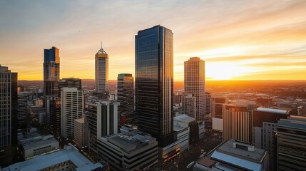 Obraz premium A stunning sunset view over a bustling city skyline with modern skyscrapers and vibrant colors