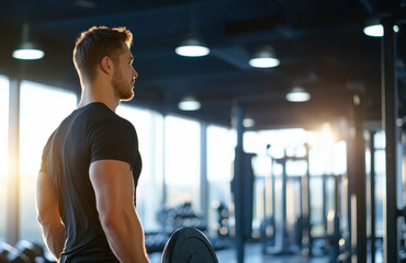 Fototapeta premium Young caucasian male in gym lifting weights