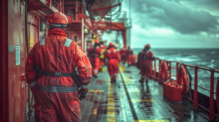 Obraz premium Offshore workers in red suits walk on stormy sea deck