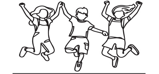 Continuous line art, or One Line Drawing of a group of friends, girl jumping, friendship heart, beautiful happiness, vector