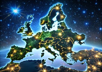 Fototapeta premium Night View of European Union Map, Illuminated Capitals, Starry Sky