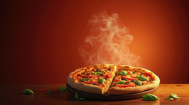 Delicious pizza topped with fresh basil and melted cheese rests on a wooden platter. Steam rises, highlighting its freshness against a vibrant orange backdrop