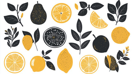 minimalist fruit designs, including lemon, orange, and peach, perfect for branding or packaging, isolated on white background.