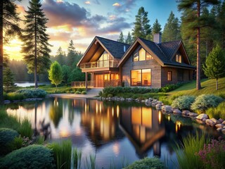 Obraz premium Nordic Lake House 3D Render: Stunning Nature View, Modern Architecture, Cozy Interior