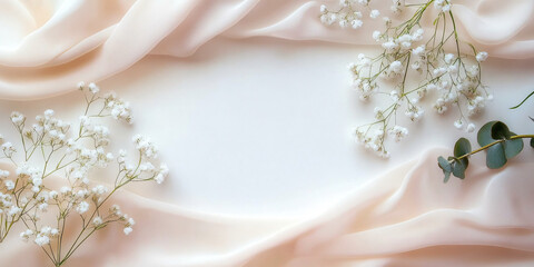 Fototapeta premium A serene flat lay of white Gypsophila flowers and soft silk fabric, perfect for feminine wedding designs, greeting cards, or romantic events.