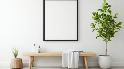 Fototapeta premium Minimalist interior with wooden bench and greenery in modern living space