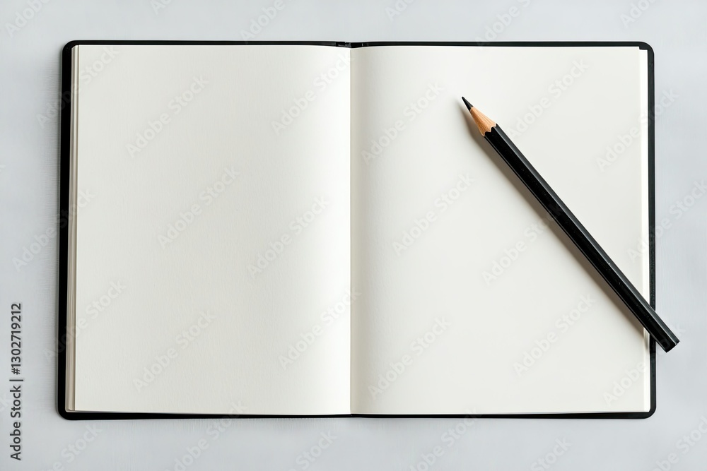 Poster top view of opened notepad with black pencil white background mockup for your design