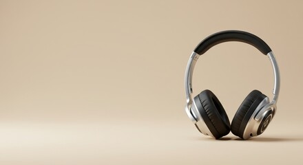 Silver and black wireless headphones for audio enjoyment with empty background