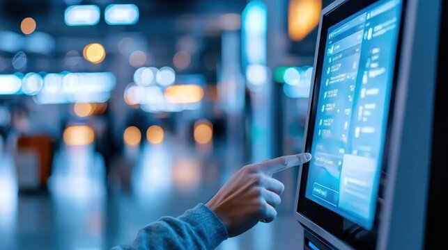 Person using self-service kiosk in modern airport terminal