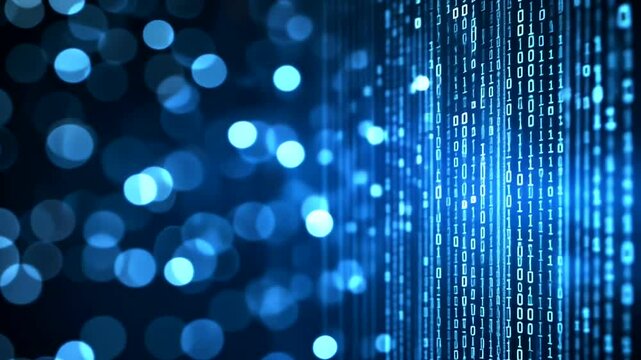 Abstract digital background with binary code and glowing blue bokeh effects